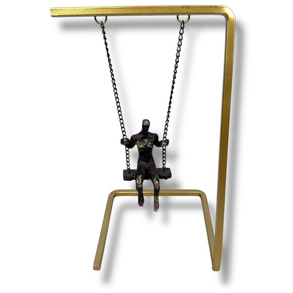 Man on Swing Sculpture Resin Metal Minimalist Brutalist Art Copper Gold Tone - Picture 1 of 8
